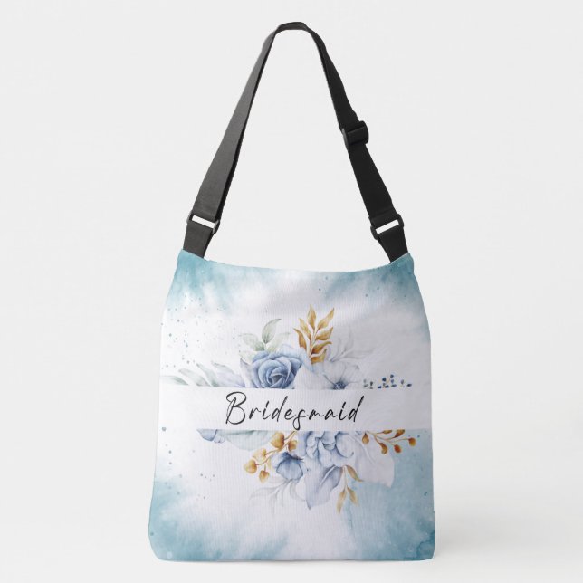 Dusty Blue White Gold Floral Wedding Crossbody Bag (Front)