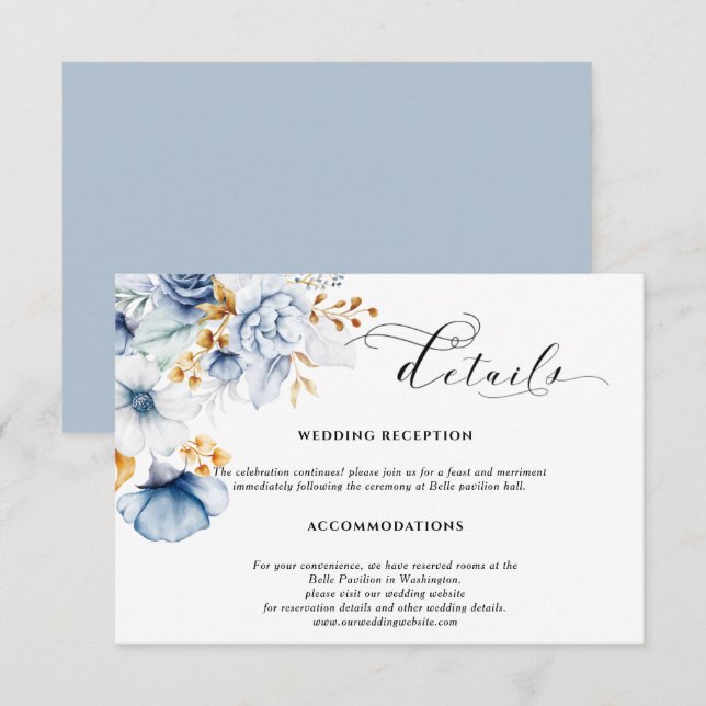 Dusty Blue White Gold Floral Wedding  Enclosure Card (Front/Back)