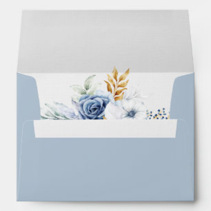 Dusty Blue White Gold Floral Wedding Envelope
