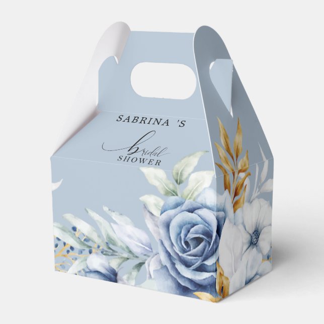 Dusty Blue White Gold Floral Wedding  Favour Box (Front Side)