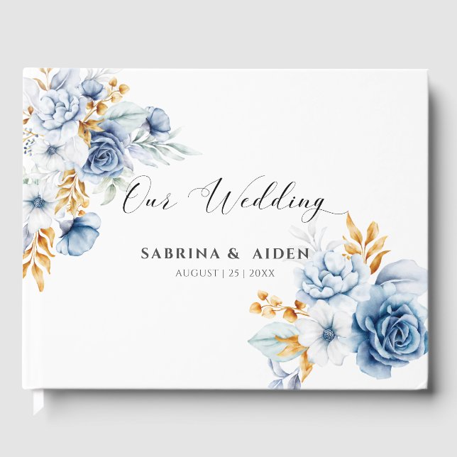 Dusty Blue White Gold Floral Wedding Guest Book (Front)