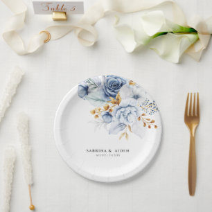 Dusty Blue White Gold Floral Wedding Paper Plate