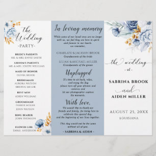 Dusty Blue White Gold Floral Wedding Program
