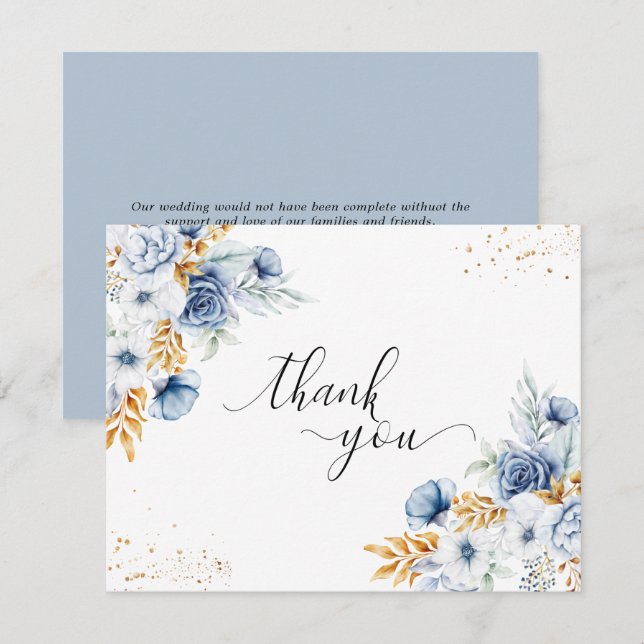 Dusty Blue White Gold Floral Wedding Thank You Card (Front/Back)