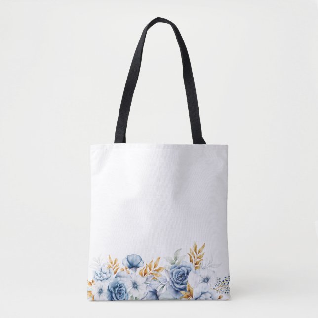 Dusty Blue White Gold Floral Wedding Tote Bag (Front)