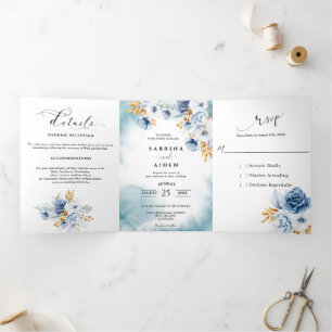 Dusty Blue White Gold Floral Wedding  Tri-Fold Announcement