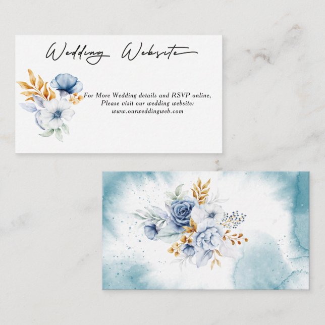 Dusty Blue White Gold Floral Wedding Website  Enclosure Card (Front/Back)