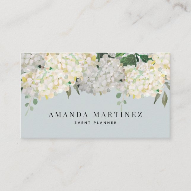 Dusty Blue & White Hydrangea Business Card (Front)