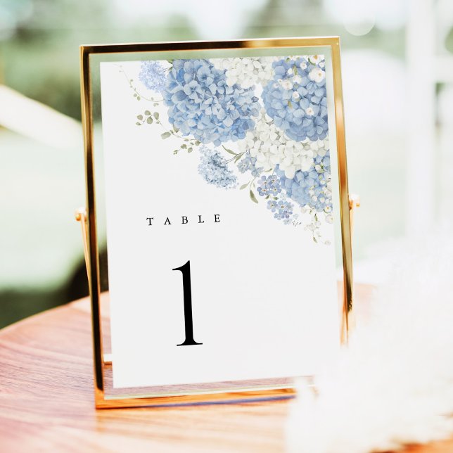 Dusty Blue White Hydrangea Watercolor Table Number (Dusty blue hydrangea watercolor table number wedding sign, white floral, gold frame, outdoor)