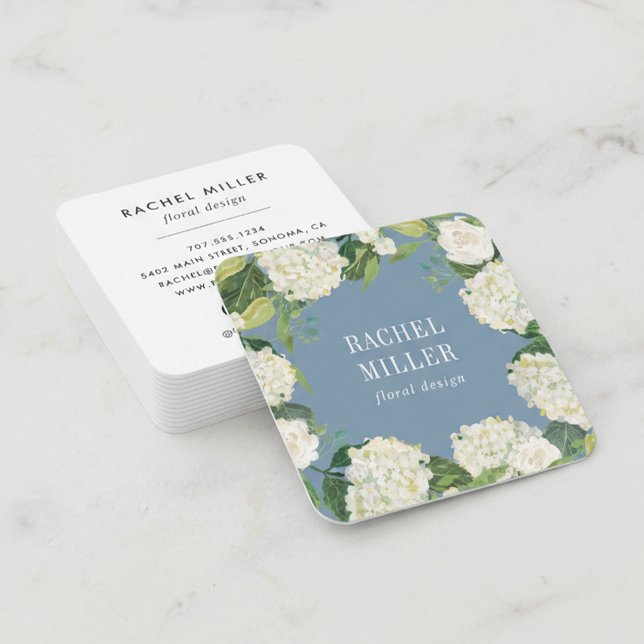 Dusty Blue & White Hydrangea Wreath Square Business Card (Creator Uploaded)