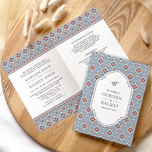 Dusty Blue White Ikat All in One Sikh Wedding Invitation