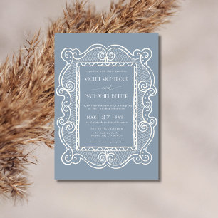Dusty Blue & White Lace Old Money Vintage Wedding Invitation