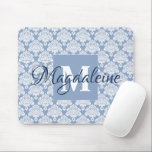 Dusty Blue & White Lacy Damask Monogram & Name Mouse Mat<br><div class="desc">This beautiful mouse pad features a classic white damask pattern over a light blue grey background. The design is personalised with a monogram initial letter as well as a customisable name. Perfect gift for any woman who wants a pretty and feminine mouse pad with a simple yet elegant design.</div>