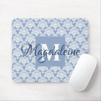 Dusty Blue & White Lacy Damask Monogram & Name