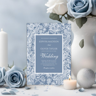 Dusty Blue White Line Art Floral Botanical Invitation