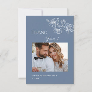 Dusty Blue White Line Art  Flowers Thank You Card