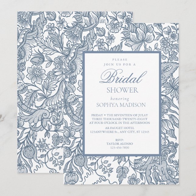 Dusty Blue & White Line Art Wildflowers Floral Invitation (Front/Back)