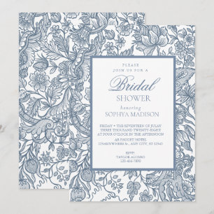 Dusty Blue & White Line Art Wildflowers Floral Invitation