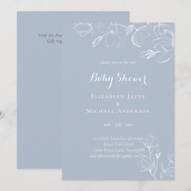 Dusty Blue White Magnolias Baby Shower (Front/Back)