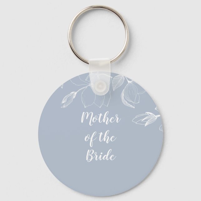 Dusty Blue White Magnolias Wedding Key Ring (Front)