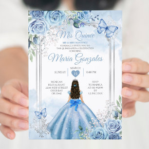 Dusty Blue & White Mis Quince 15 Anos Silver Crown Invitation
