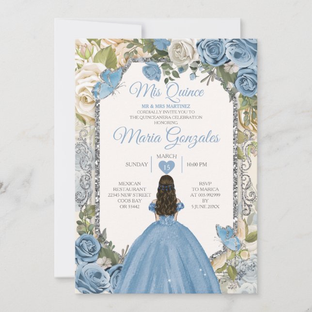 Dusty Blue & White Mis Quince 15 Anos Silver Crown Invitation (Front)