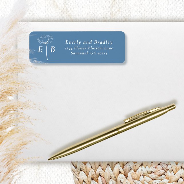 Dusty Blue White Monogram Floral Accent Address (Creator Uploaded)