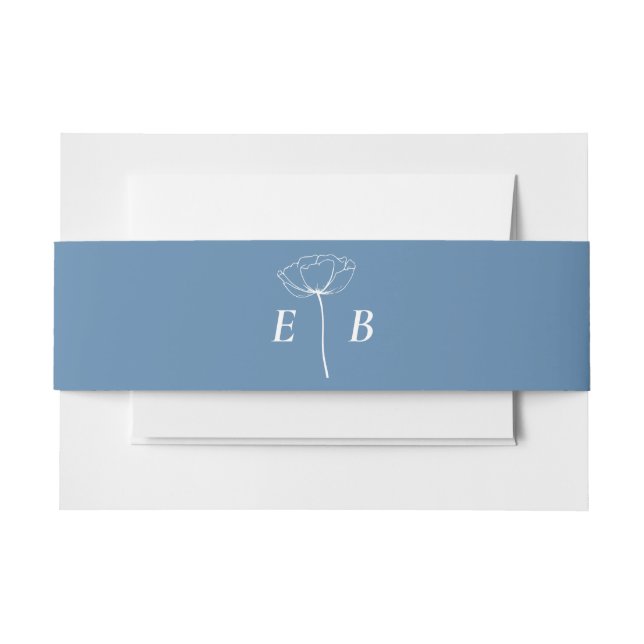 Dusty Blue White Monogram Floral Accent Initial  Invitation Belly Band (Front Example)