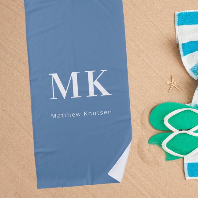 Dusty blue white monogram name initials  beach towel (Creator Uploaded)