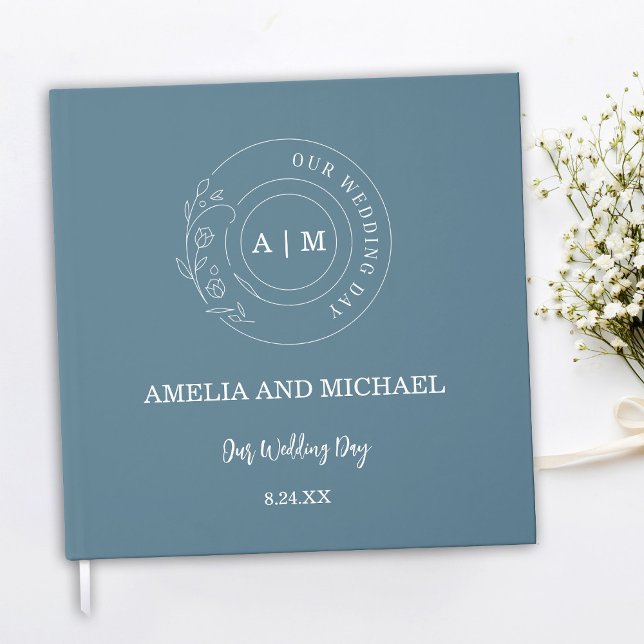 Dusty Blue & White Monogram Wedding Guestbook (Dusty Blue and White Elegant Monogram Wedding Guestbook)