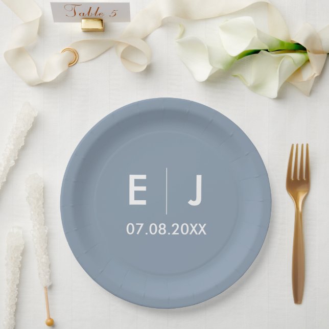 Dusty Blue & White Monogram Wedding Paper Plate (Wedding)