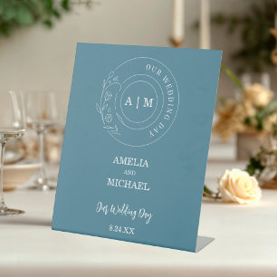 Dusty Blue & White Monogram Wedding  Pedestal Sign