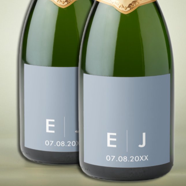 Dusty Blue & White Monogram Wedding Sparkling Wine Label (Creator Uploaded)