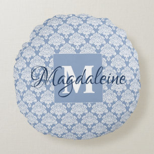 Dusty Blue & White Monogrammed Name Damask Round Cushion