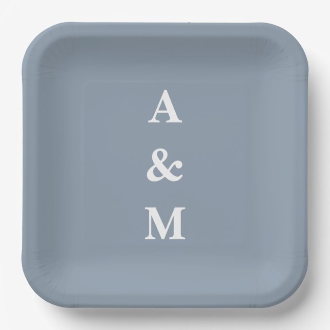 Dusty Blue White Monograms Initial Elegant Wedding Paper Plate (Front)