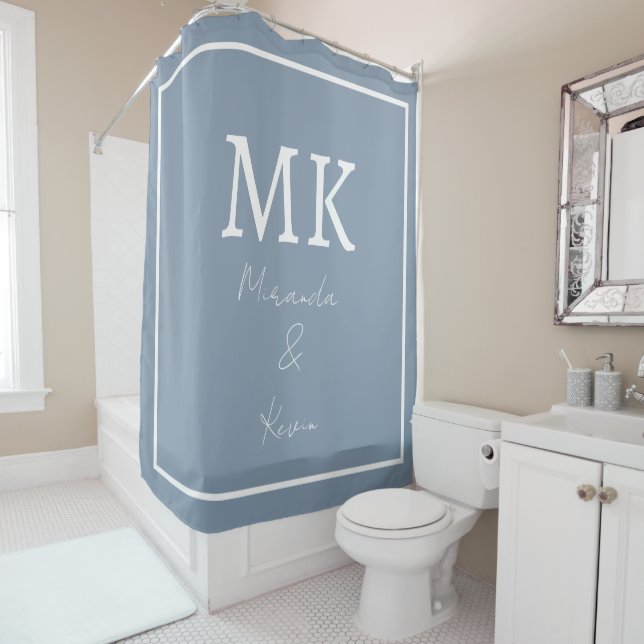 Dusty Blue White Monograms Modern Minimal Trendy Shower Curtain (In Situ)