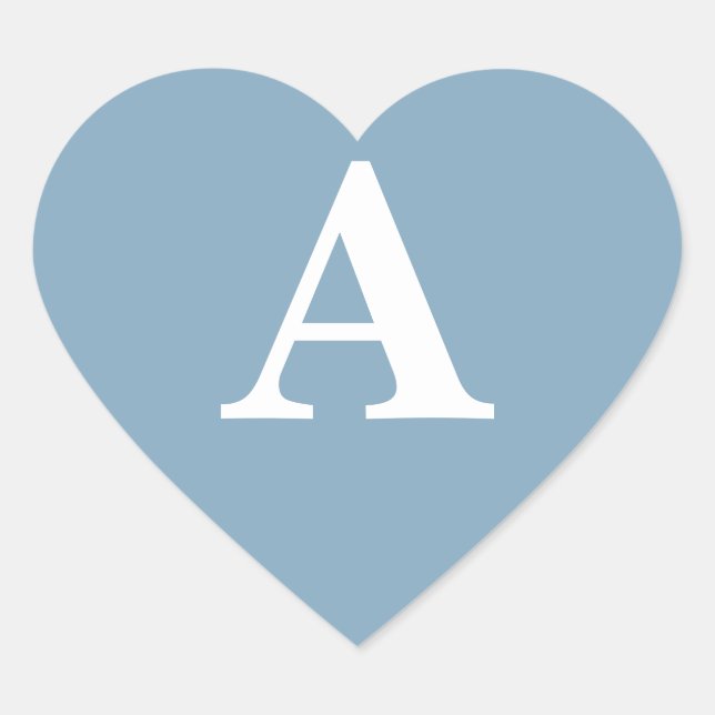 Dusty Blue White Monograms Simple Bridal Shower Heart Sticker (Front)