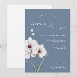 Dusty Blue White Orchid Initials Floral Wedding Invitation