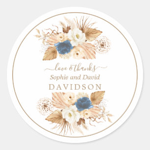 Dusty Blue White Peach Roses Wedding   Classic Round Sticker
