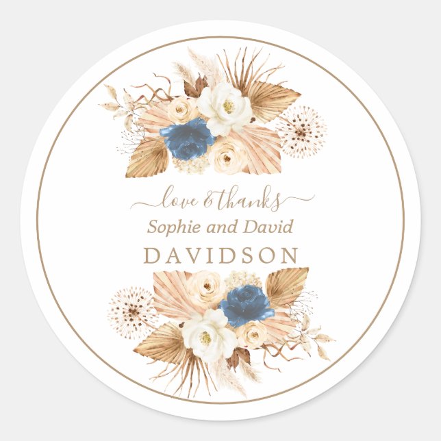 Dusty Blue White Peach Roses Wedding   Classic Round Sticker (Front)