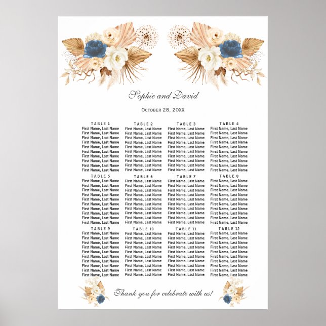 Dusty Blue White Peach Roses Wedding Seating Chart (Front)