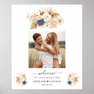 Dusty Blue White Peach Roses Wedding Welcome Sign