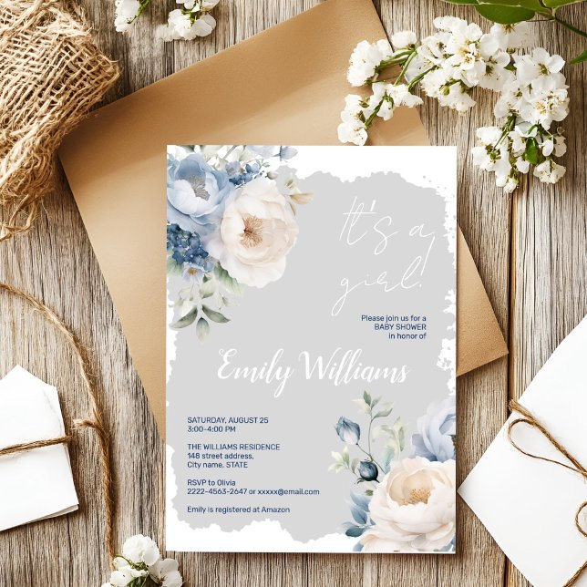 Dusty blue & white peonies baby shower invitation (Blue and white roses and peonies floral watercolor baby shower invitation )