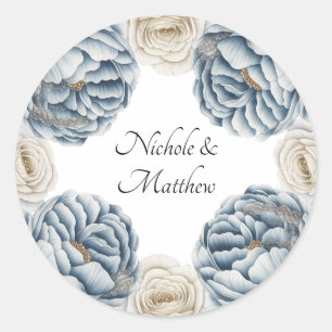 Dusty Blue & White Peony Wedding Classic Round Sticker
