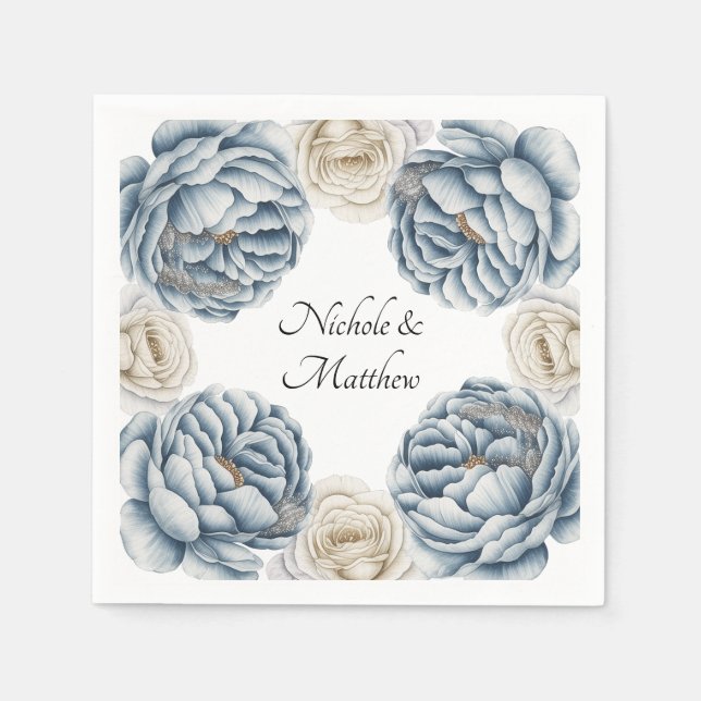 Dusty Blue & White Peony Wedding Napkin (Front)