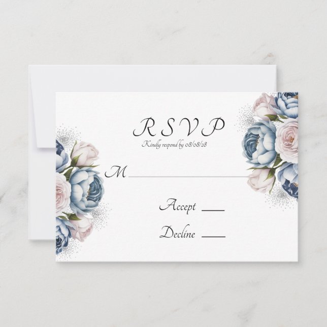 Dusty Blue & White Peony Wedding RSVP Card (Front)