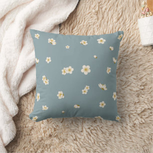Dusty Blue White Plum Blossom Floral Pattern Cushion