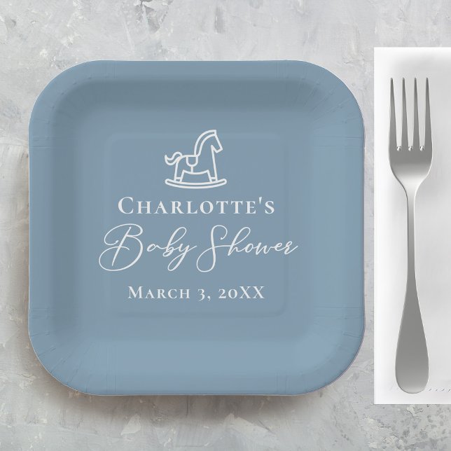 Dusty Blue White Rocking Horse Baby Shower Paper Plate (Creator Uploaded)