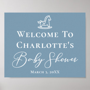 Dusty Blue White Rocking Horse Baby Shower Poster