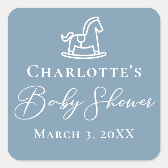 Dusty Blue White Rocking Horse Baby Shower Square Sticker (Front)